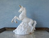 Vintage Porcelain Unicorn Figurine -- Matte White with Gold Accents