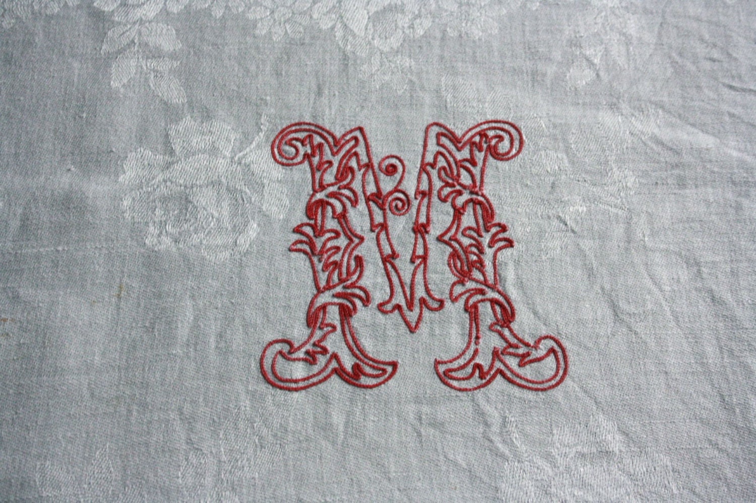 vintage french damask tablecloth, red monogrammed M