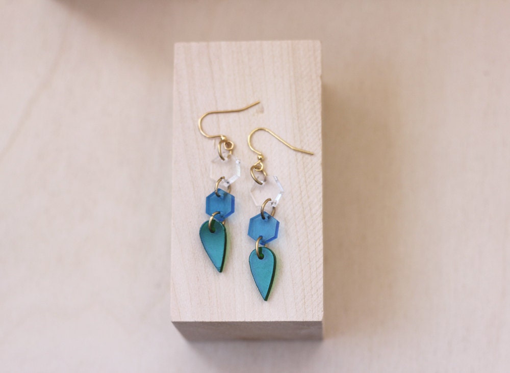 Geometric Links - Dangle Earrings - Hex Round Leaf in Clear Blue and Green Acrylic