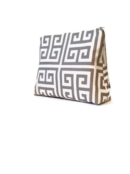 Large Zipper Pouch, cosmetic bag with laminate lining, gray and ivory