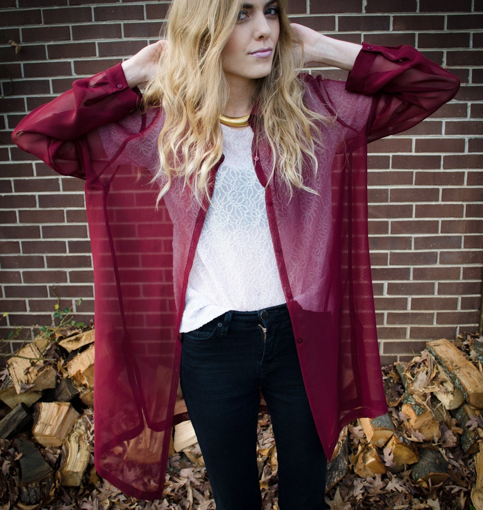 Vintage Red Burgungy Sheer Oversized Button Up Cardigan