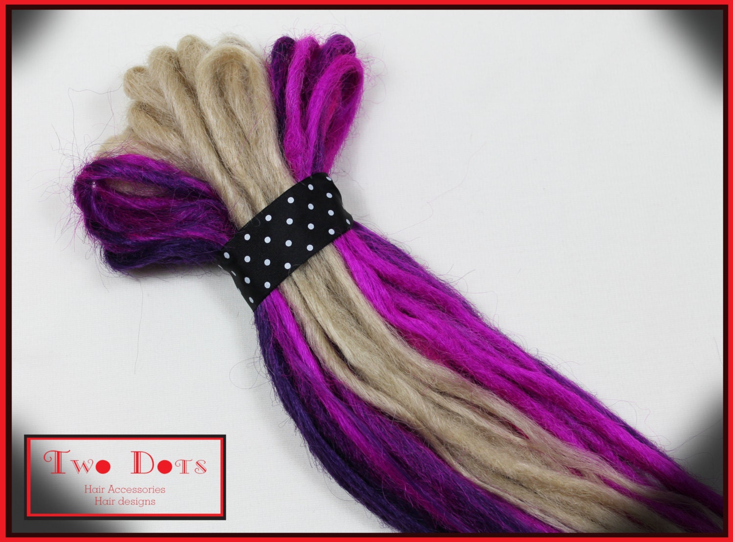 Purple & Blonde Synthetic Dreadlocks Extensions. 10 x Double Ended or 20 x Single Ended Dreads, Purple, Magenta and Blonde Coloured.