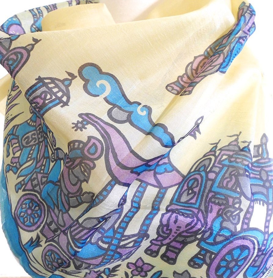 Small Scarf, Ivory Silk Scarf, Silk Neck Scarf, Silk Kerchief, Silk Sari Scarf, Blue Scarf