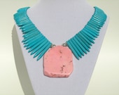 Turquoise Statement Necklace, Big Pink Slab Pendant, Blue Spike Tribal Bib  304