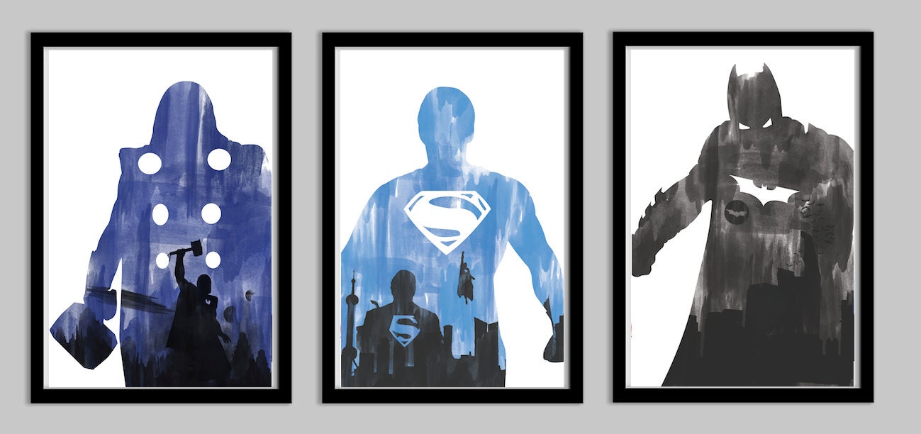 Superhero Poster Set 2 featuring Thor, Superman, and Batman - 11x17