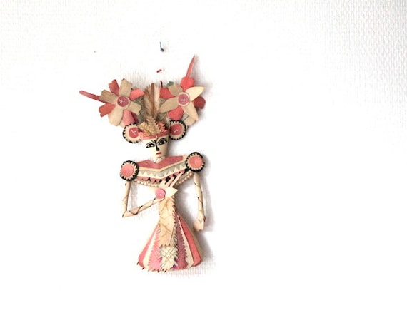 wooden stiched doll - traditional folk art from Asia- red, black and white on natural wood- wall decoration for interior design- Asian art