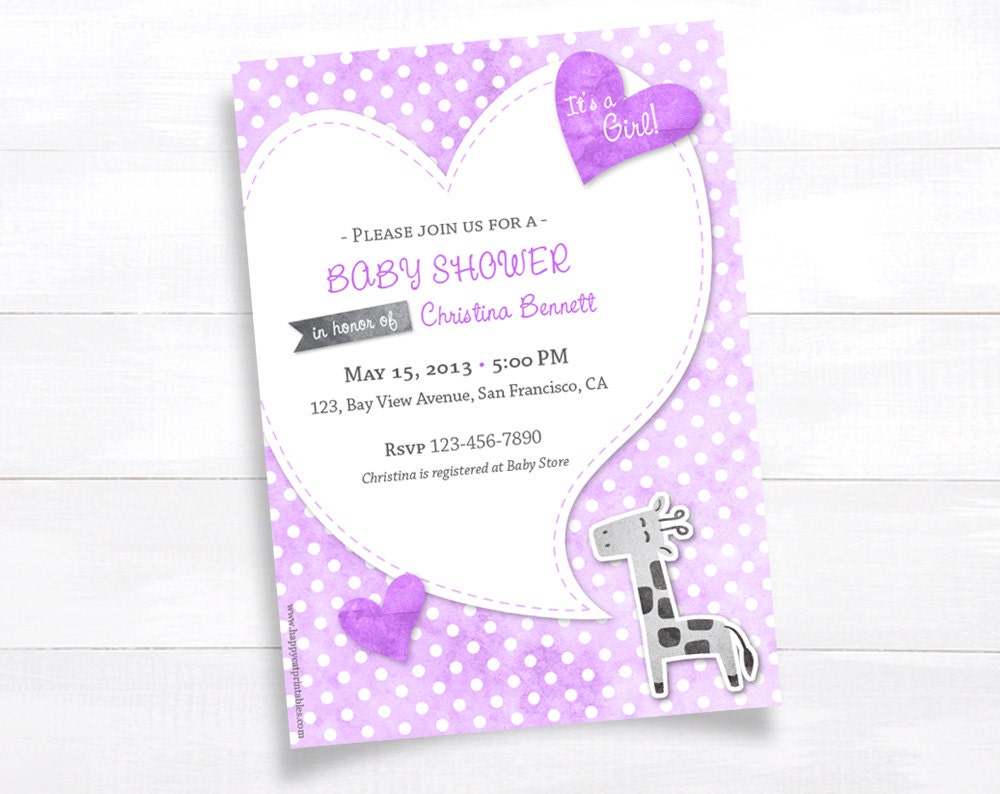 Giraffe Personalized Baby Shower Invitation Printable Gender Reveal Party Surprise Baby Shower Invite Girl Boy Purple Polka Dot Cute Heart