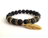 Matte Black Beads Arm Candy Beaded Bracelet with Black Rondelles & Wing Charm