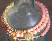 Coral Lotus Yoga Bracelet, Peach Pink Yoga Lotus Flower Bracelet, Trendy Chic, Layer Bracelet, Preppy