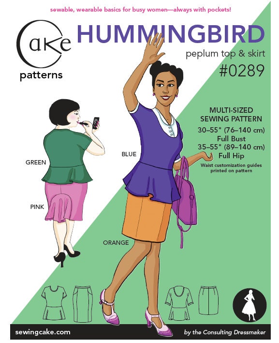 Hummingbird Peplum Top & Straight Skirt Cake Patterns Multi-Size 30-55in / 76.2-139.7cm  Full Bust  35-55in / 89cm-139.7cm Full Hip