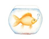 Goldfish Watercolor Painting Print Original Fish Bowl Blue Gold Orange Aquatic Archival Print Giclee Water Cute Bubbles Art 8 1/2 x 11 Retro