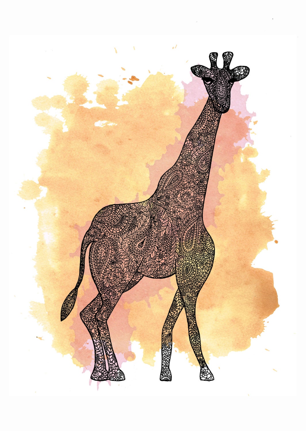 Loving and gentle paisley giraffe original illustration - 8x10 ink on vintage tea stained background - fine art print