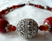 19" handmade red amber, sponge coral, horn & 925 bali sterling silver beaded necklace