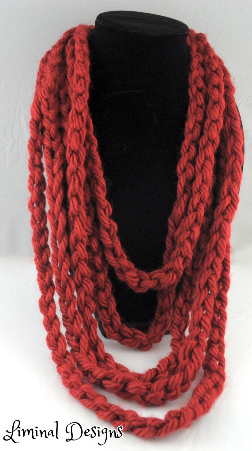 Handmade large red crochet yarn necklace - LiminalDesigns