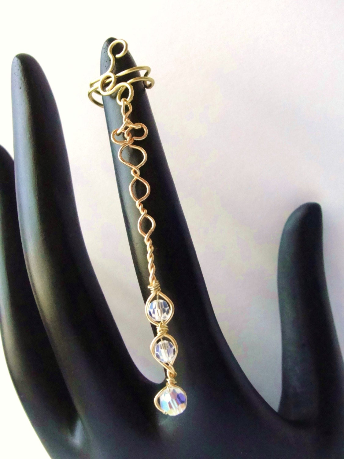 Gold Crystal Ear Cuff Wire Wrapped Ear Vine Clear Swarovski Unique Artisan Jewelry Bridal Ear Wrap