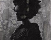 Happy Accidents - FREE SHIPPING - Print Black Gray Silhouette Damask Bird Crow Raven Girl Surreal Water Spots Stain Portrait Art