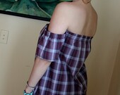 REVIVAL Upcycled Bohemian Top/Shirt, Off the Shoulder,Burgundy Plaid, Small to Medium, Recycled, Repurposed, Eco Friendly Clothing