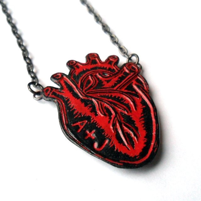 Valentine's Day Red and Black Personalized Conversation Heart Necklace  - Initial Heart Necklace