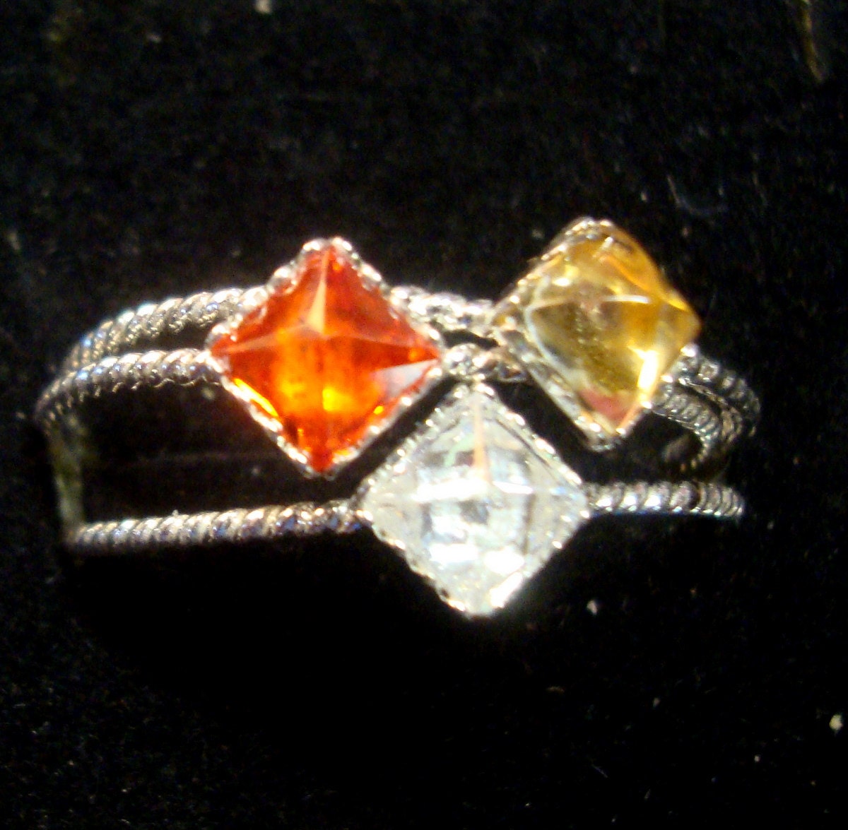 3 Ring stack Yellow, Orange, White -all r 4mm man made square birthstones set in  eco-friendly sterling silver Custom Made in your Size