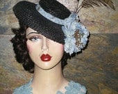 One-of-a-Kind Vintage 40's Tilt HAT Blue Floral BLACK STRAW Pearl Buttons Pheasant Feathers