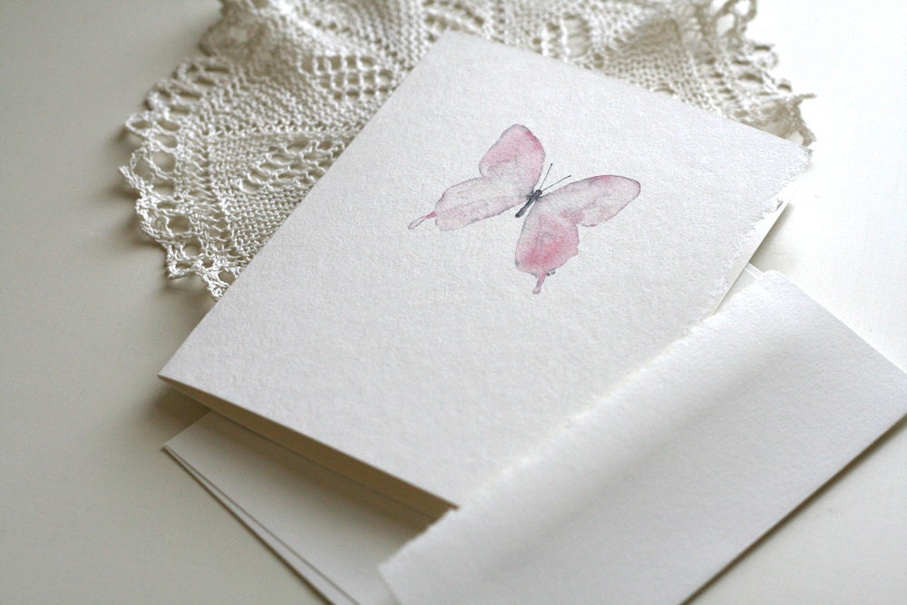 5 Pink Butterfly Cards and Envelopes, Eco-friendly, Blank, Thank you cards, Gift for Hostess, Teacher, Mother, Sister, Friend
