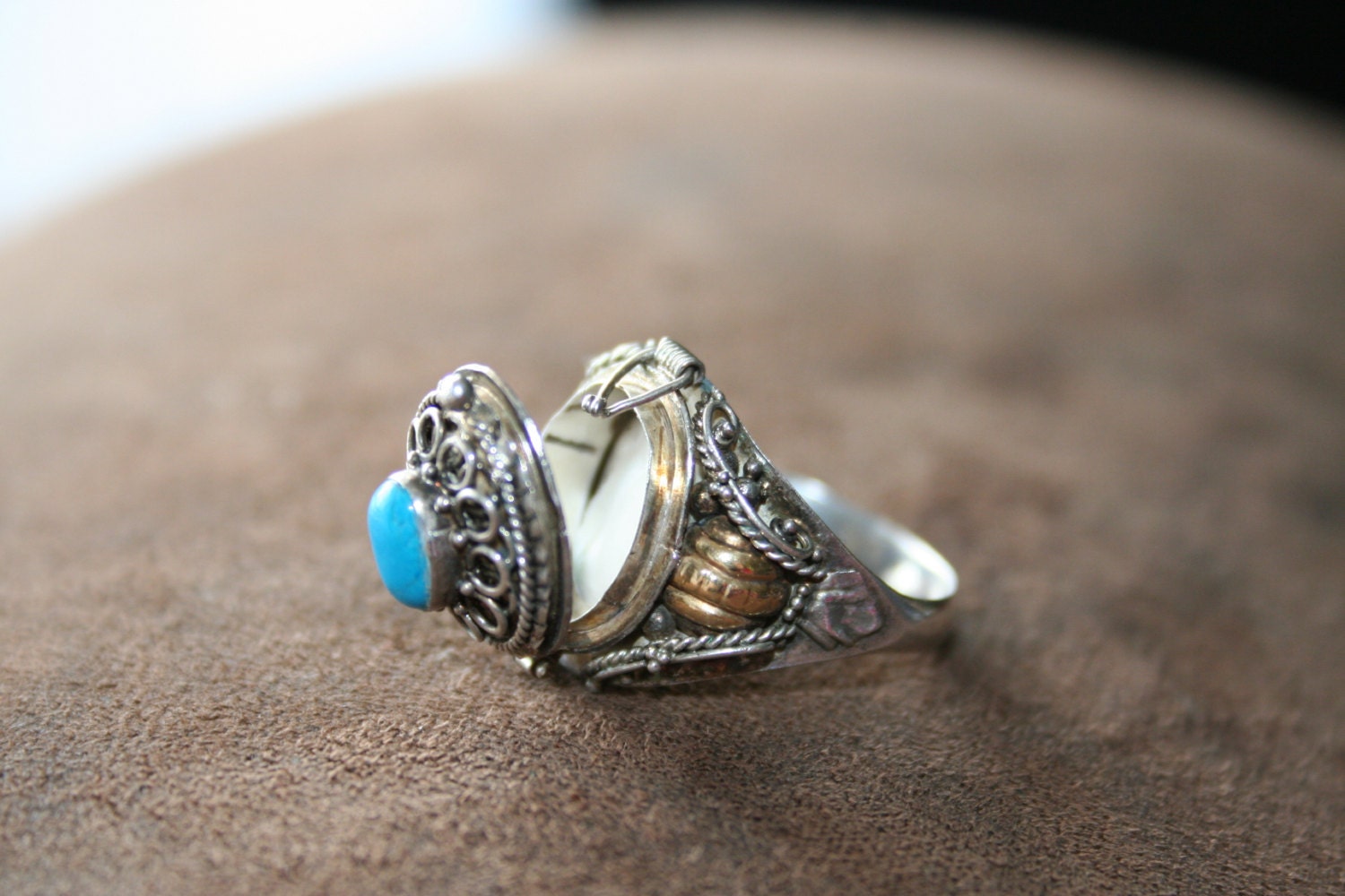 Vintage Big  Poison Ring Sterling Silver Turquoise  Stone