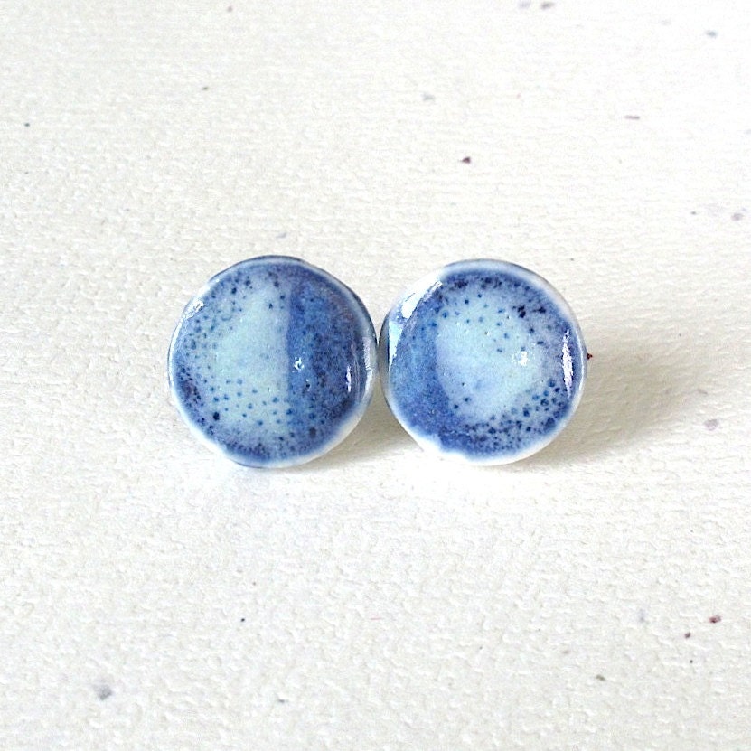 Small Porcelain Earrings. Aqua Green & Denim Blue Rounds. Seafoam.  Indigo. Post or Stud Earrings. Surgical Steel.