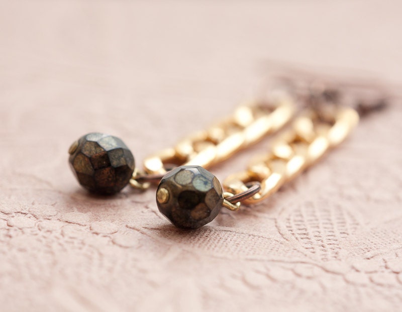 Long Dangle Gold Chain Earrings Vintage Beads Boho Glam black dark copper gold retro jewelry free shipping rusteam