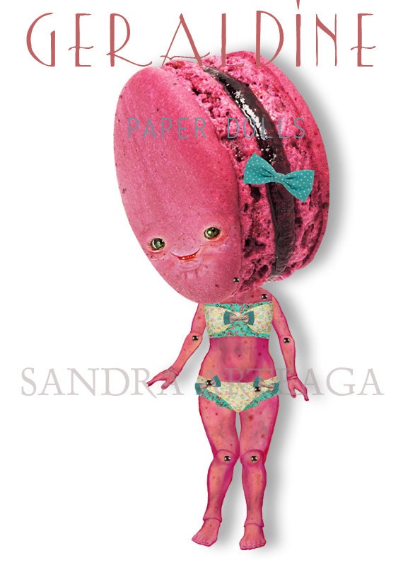 Geraldine  - articulated Paper Doll 9.8 inches - macaron fuchsia pink raspberry strawberry swimming wonderland tea party ooak cookie doll