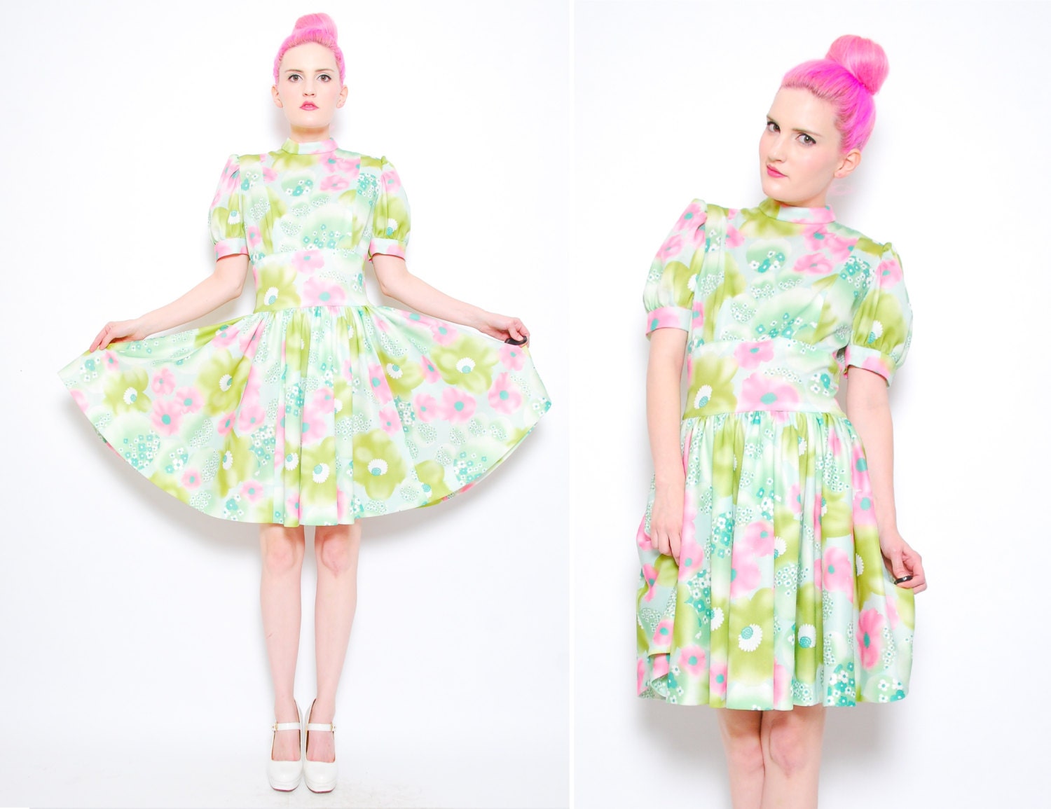 60s 70s Lime Hot Pink Floral Print Dress - 1960s Mod Puff Sleeve Mini Dress Outfit - Matching Light Jacket - 1970s Full Skirt M 8 10