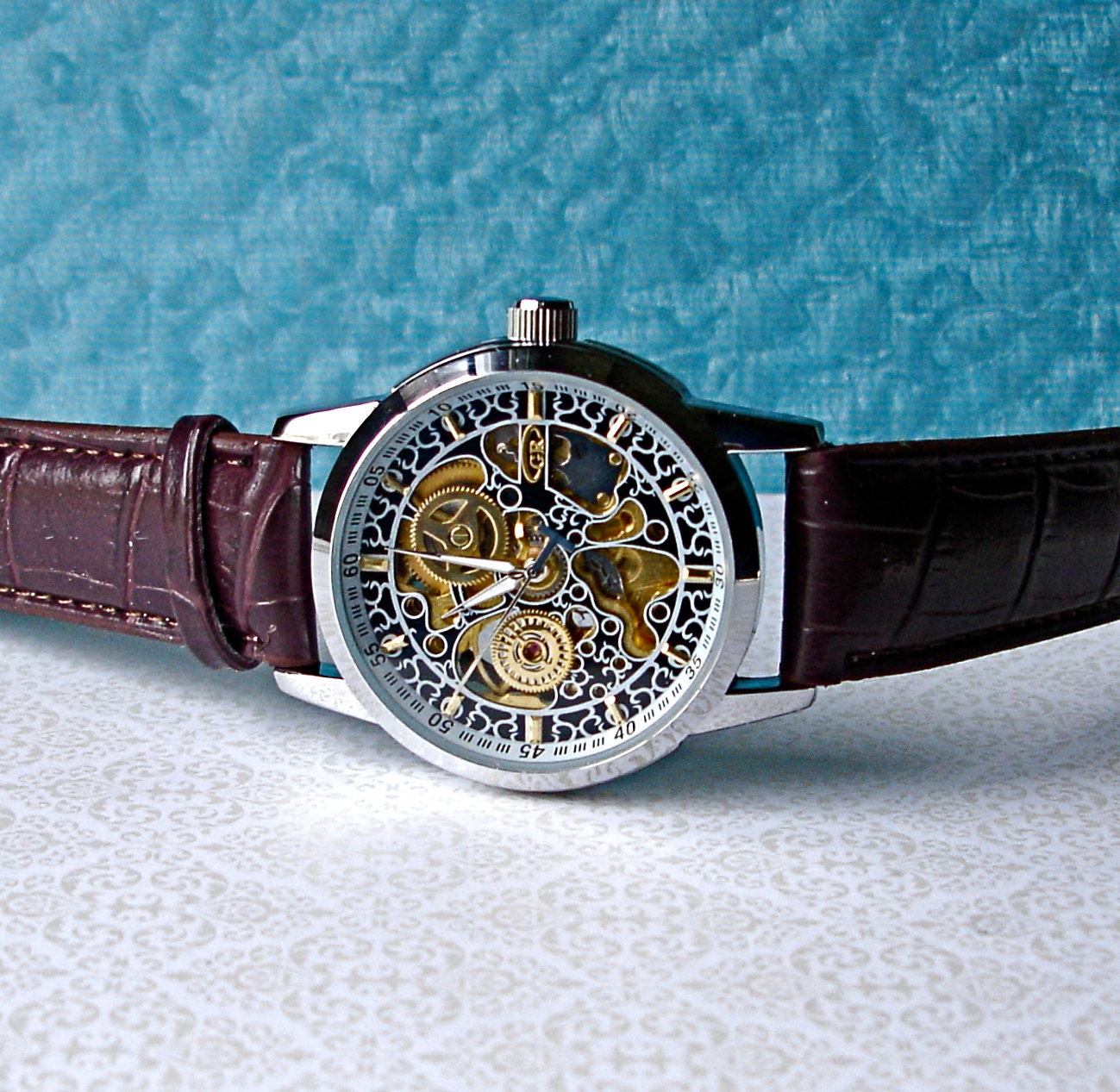 AUTOMATIC Mechanical Wrist Watch, Warranty, Vintage Filigree  SIlver Trim Brown Custom Leather Band Steampunk