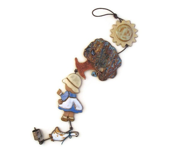 Garden Theme Wall Hanging - Clay String with 4 Items - Sun, Tree, Garden Girl, Goose - Story String