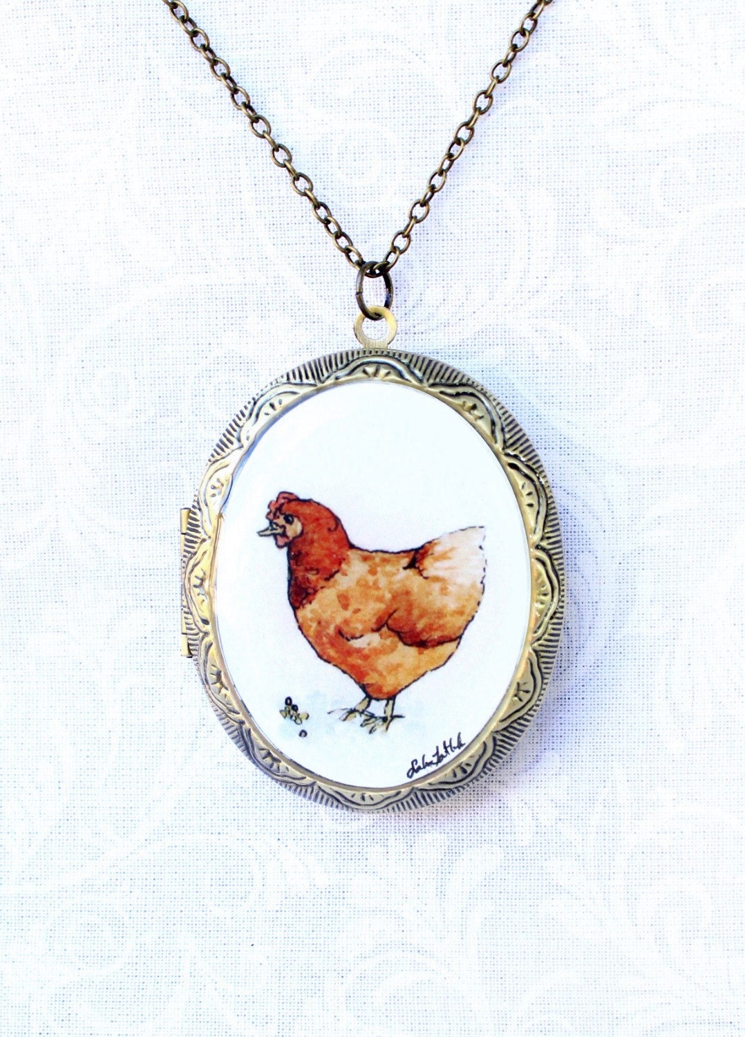 Little Red Hen locket necklace, wearable art jewelry, rustic chicken necklace LIMITED EDITION