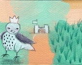 Lenard And Castle, original painting, acrylics on wood, bird king character, 5 x 3.5 inches, teal and orange