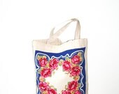 vintage hankie tote bag / floral / recycled / upcycled / royal blue red pink / market bag / book bag / shabby chic