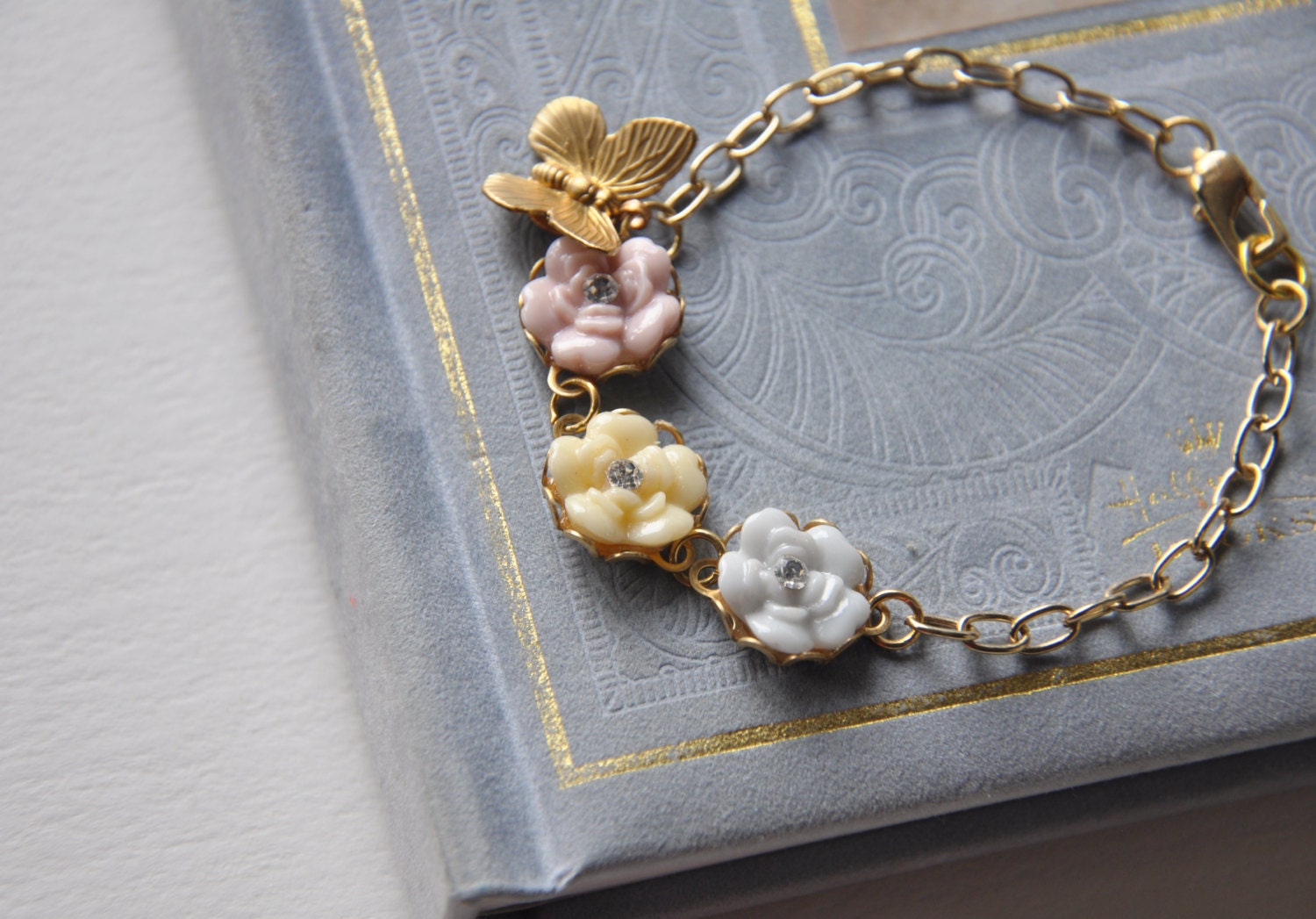 Butterfly Charm Bracelet - Spring time pastel colors - Flower Charm Bracelet - Shabby Chic Bracelet - Cottage Style - Gift wrapped