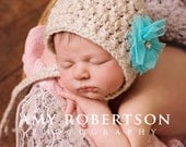 Baby Hat- Newborn Hat- Tan Crocheted Bonnet with Aqua Tulle Flower Accent