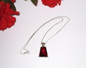 Large Chunky Deep Red Glass & Filigree Pendant, Signed MJ, w/ Dainty 18" Sterling Chain / Great Gift / FREE US Shipping