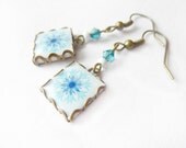 Springtime Scandinavian pattern tile earrings. Nordic flower. Pastel blue and white scandinavian flower.