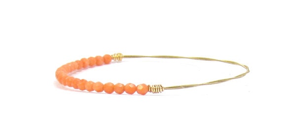 Beaded Bangle Bracelet // Eco-Friendly Jewelry // Coral Gemstone Beads, Gold Wire Wrap // Handmade // Recycled Jewelry // Music // Gift