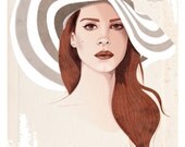 LANA DEL REY Portrait Poster - Fashion Illustration - Digital Print - Summer Striped Hat - Brown & Beige