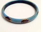 Blue Rose Design Wood Bangle // Wooden Bangle Bracelet // Womens Bangle Bracelet // Painted Bangle Bracelet // Vintage Wood Italian Bracelet