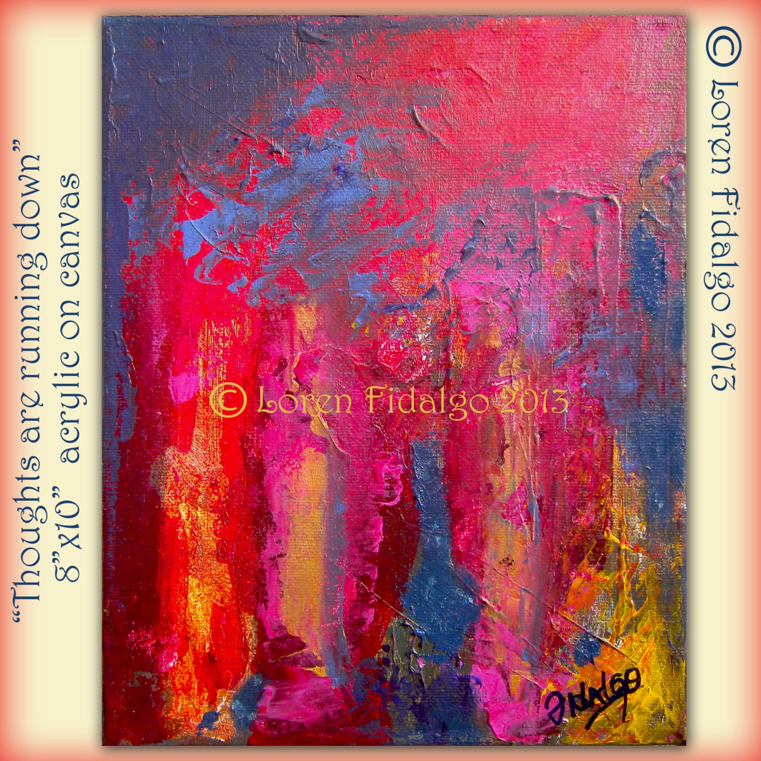 Original Modern Contemporary Abstract Painting 8 x10 in Acrylic on canvas 'Thoughts are running down' 2013 blue, red by Loren Fidalgo
