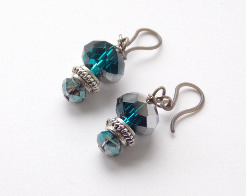 Teal & Smokey Blue Crystal Earrings on Plastic French Hooks, drop earring, Nylon Ear Wires, crystal bead earrings, blue-green gray-blue