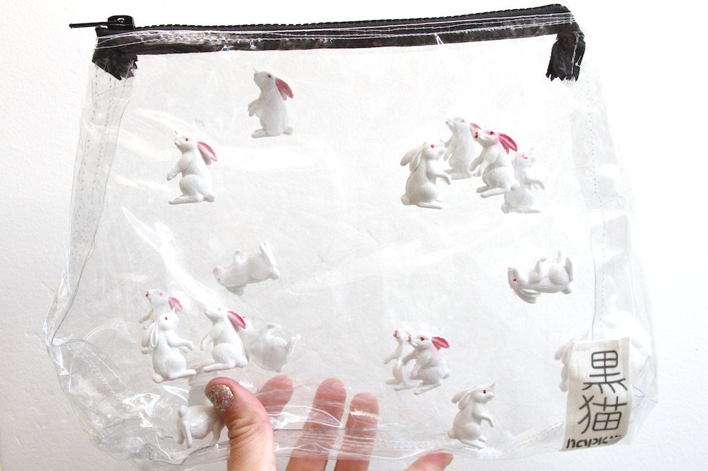 CLEAR plastic pop bunny tote bag , clutch , wallet , cosmetics