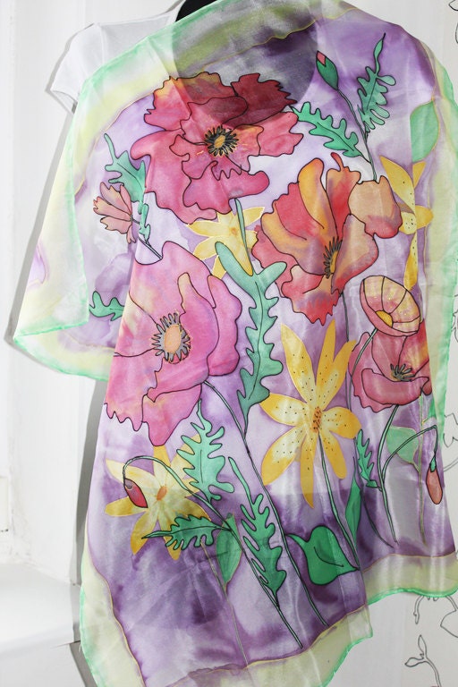 NEW Spring 2013 Flower silk scarf hand painted batik poppy flower spring summer women gift for her Valentines day yellow red flower