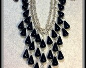 Black Gothic Bib Crystal Glass Statement Necklace & Earring Set, Silver Chunky Double Chain, Boho Chandelier Bead Jewelry, Handmade in Italy