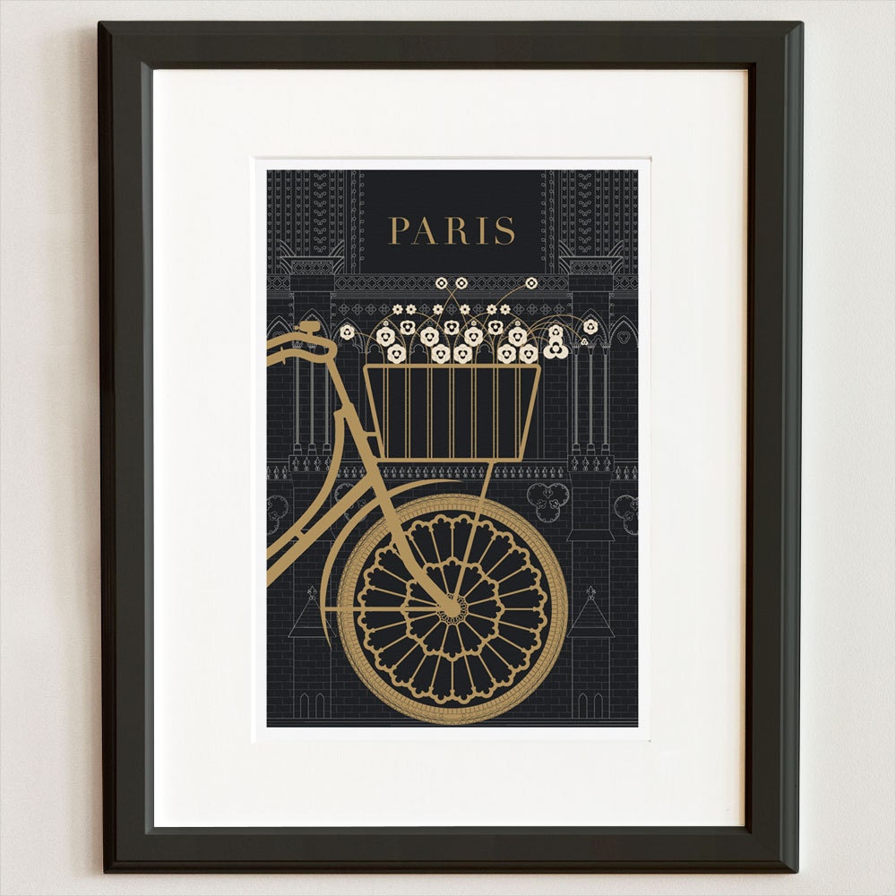 Paris Illustration, Notre Dame Bicycle Drawing, 13x19 Art Print, Paris Poster, Black and Gold Drawing