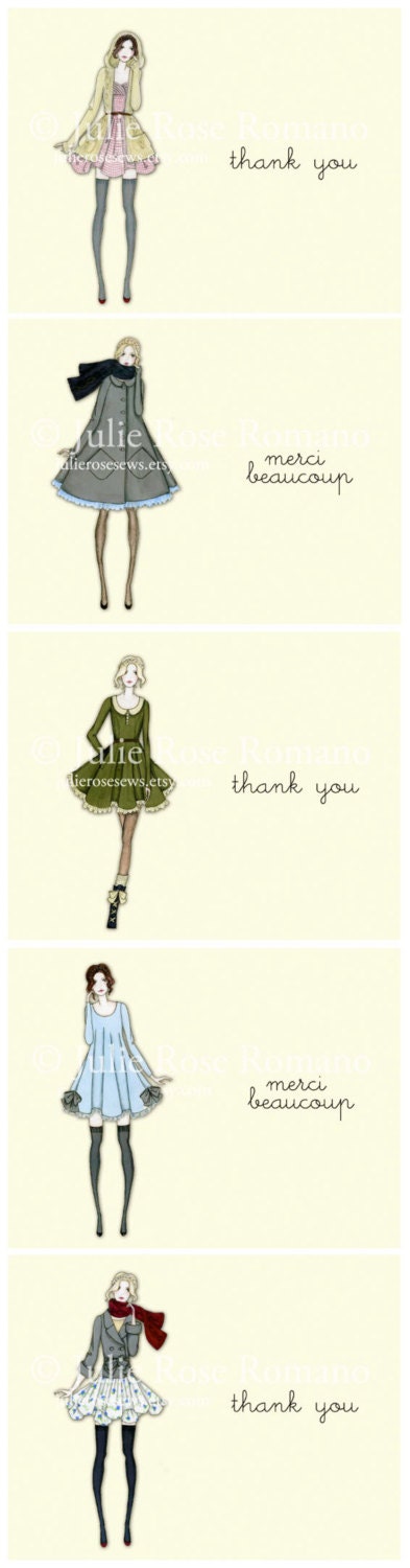 Winter Fashion Illustration Thank You Cards, Set of 5, Blank Inside