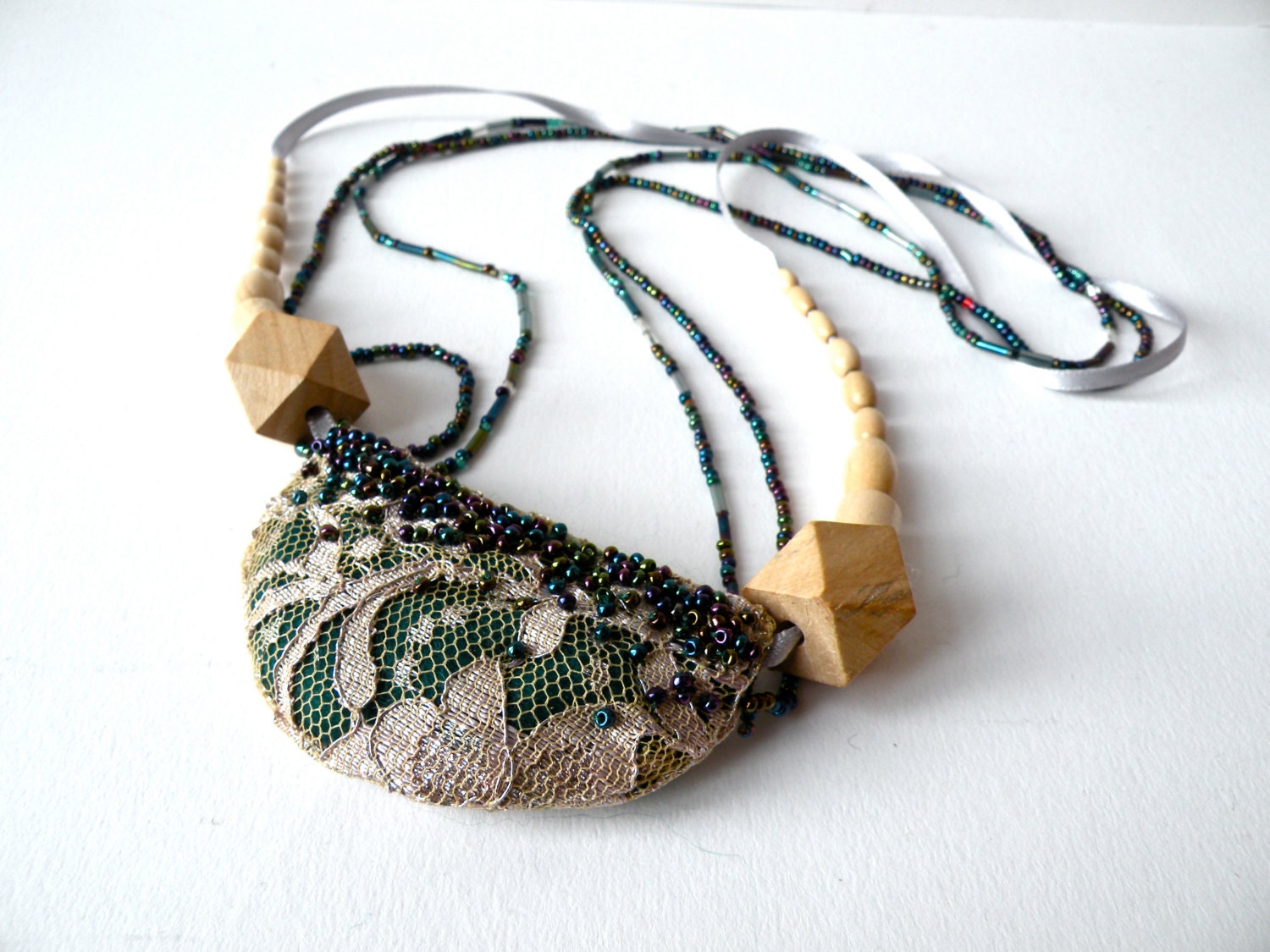 Turquoise, Blue, Green & Purple Bead Embroidered Pendant Necklace